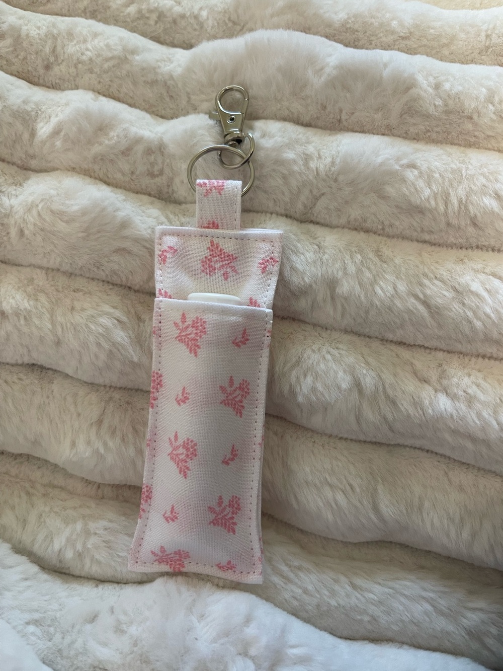 Pink Floral Chapstick Keychain Holder - Portable Pocket Case